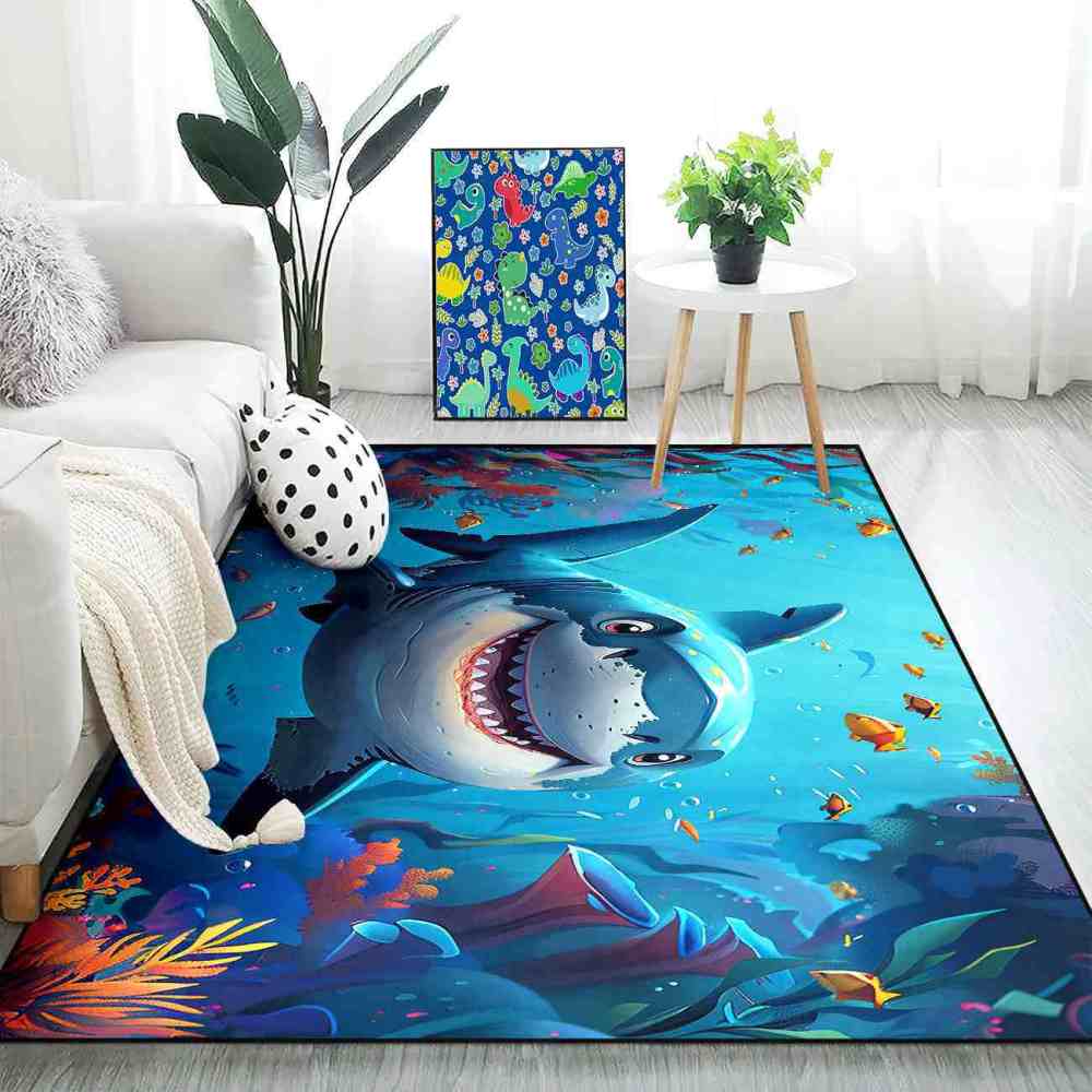 Happy Blue Shark Ocean Reef Kids Playroom Rug | CozyLil
