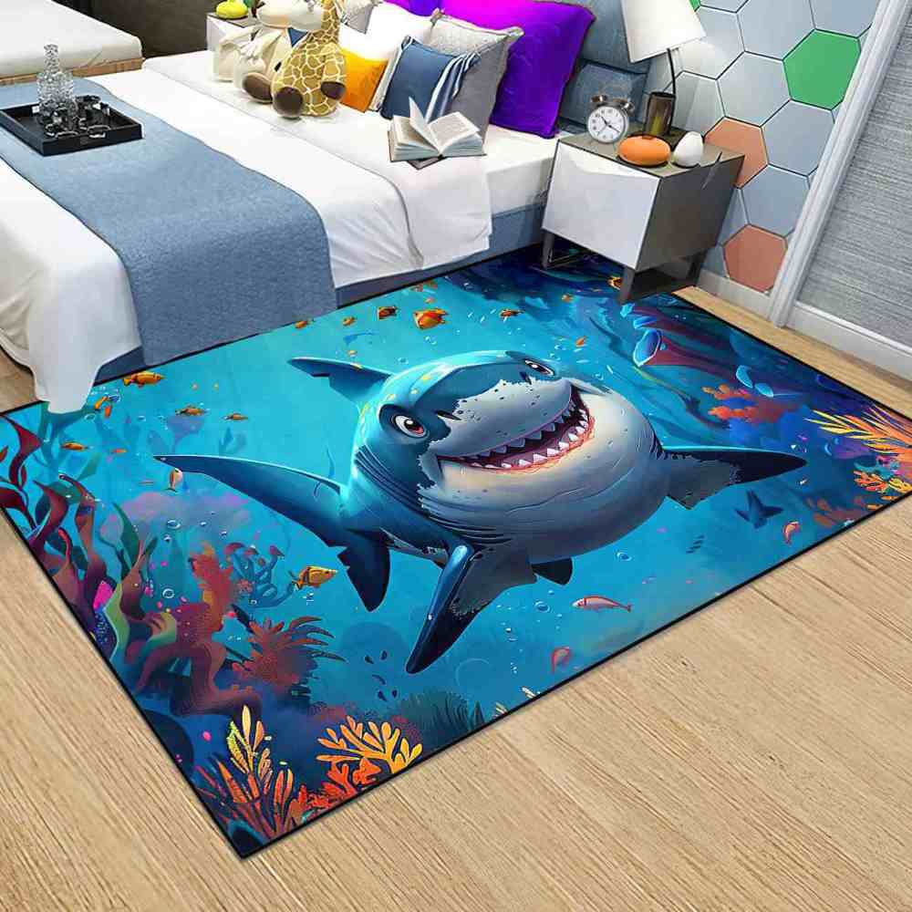 Happy Blue Shark Ocean Reef Kids Playroom Rug | CozyLil