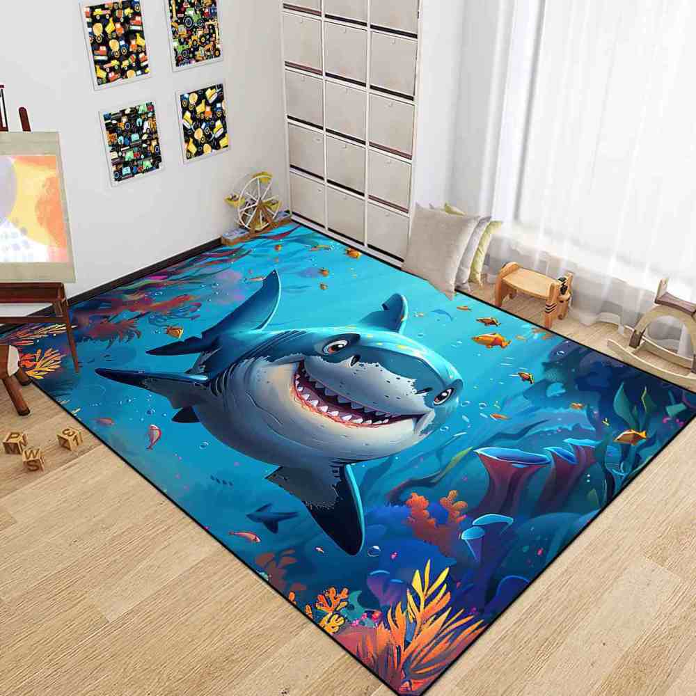 Happy Blue Shark Ocean Reef Kids Playroom Rug | CozyLil