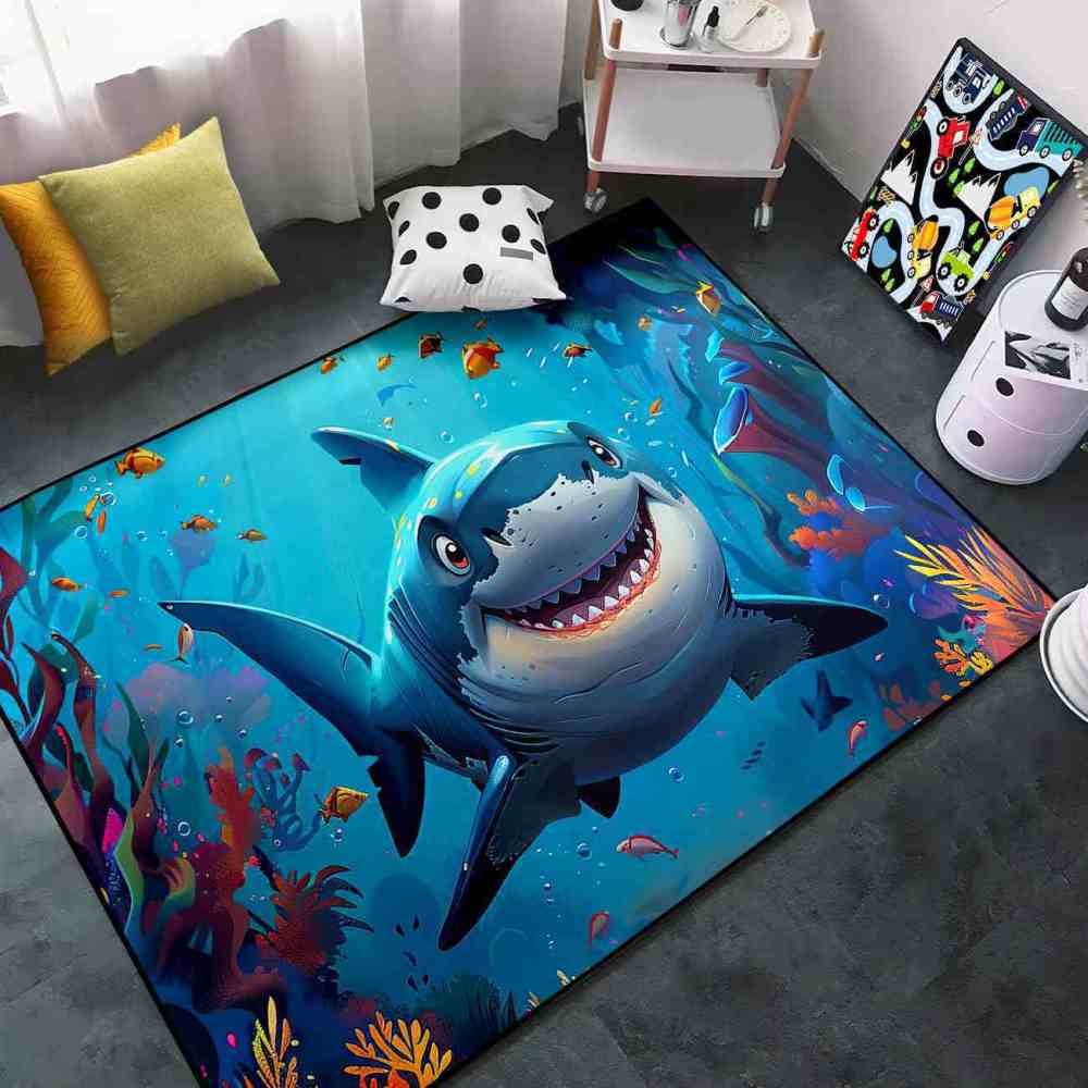 Happy Blue Shark Ocean Reef Kids Playroom Rug | CozyLil