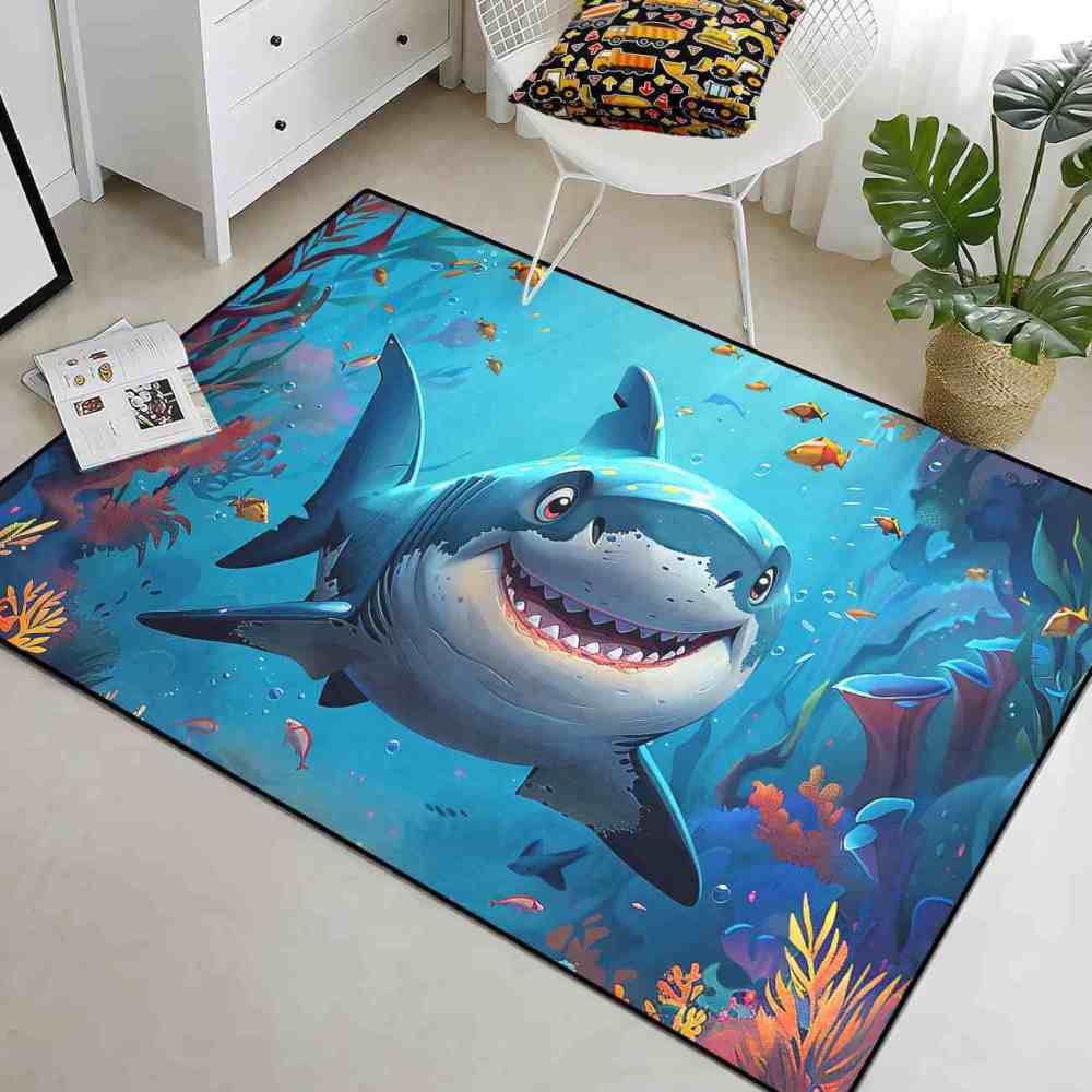 Happy Blue Shark Ocean Reef Kids Playroom Rug | CozyLil