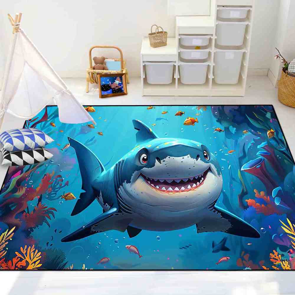 Happy Blue Shark Ocean Reef Kids Playroom Rug | CozyLil