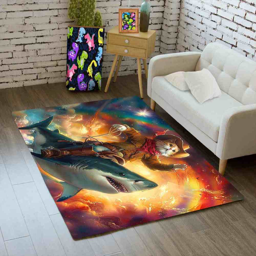 Space Cowboy Cat Riding Shark Galactic Fantasy Rug | CozyLil