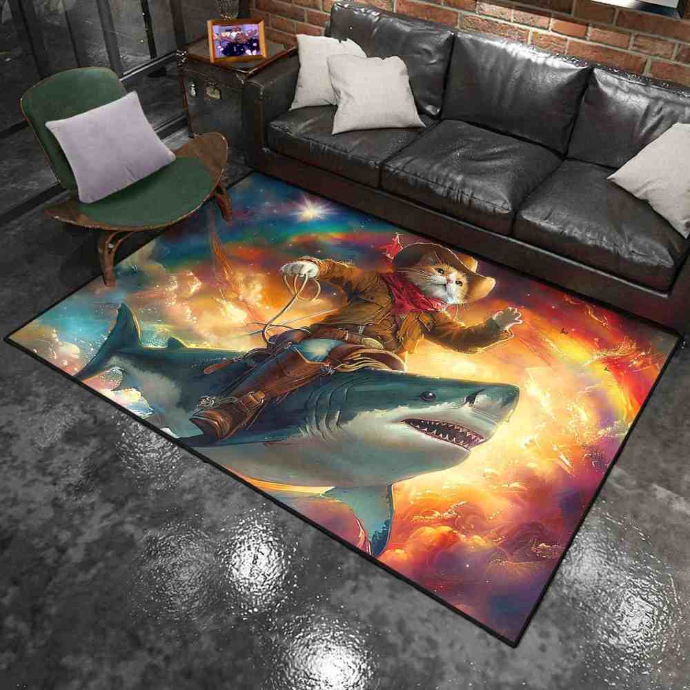 Space Cowboy Cat Riding Shark Galactic Fantasy Rug | CozyLil