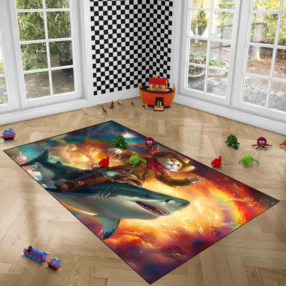 Space Cowboy Cat Riding Shark Galactic Fantasy Rug | CozyLil