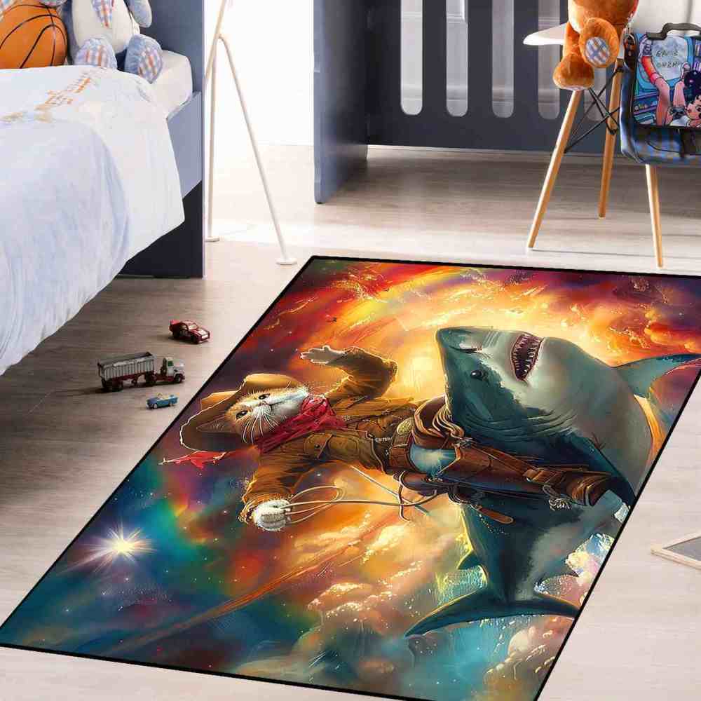 Space Cowboy Cat Riding Shark Galactic Fantasy Rug | CozyLil