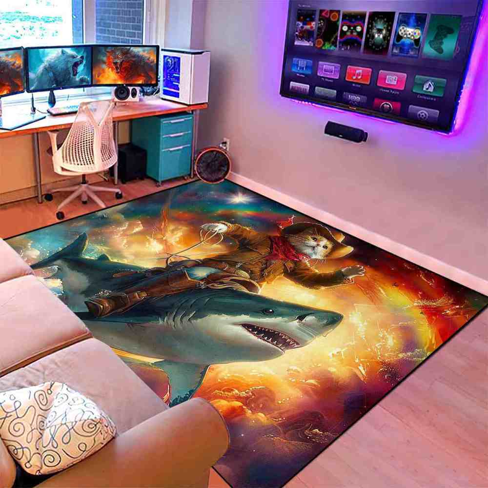Space Cowboy Cat Riding Shark Galactic Fantasy Rug | CozyLil