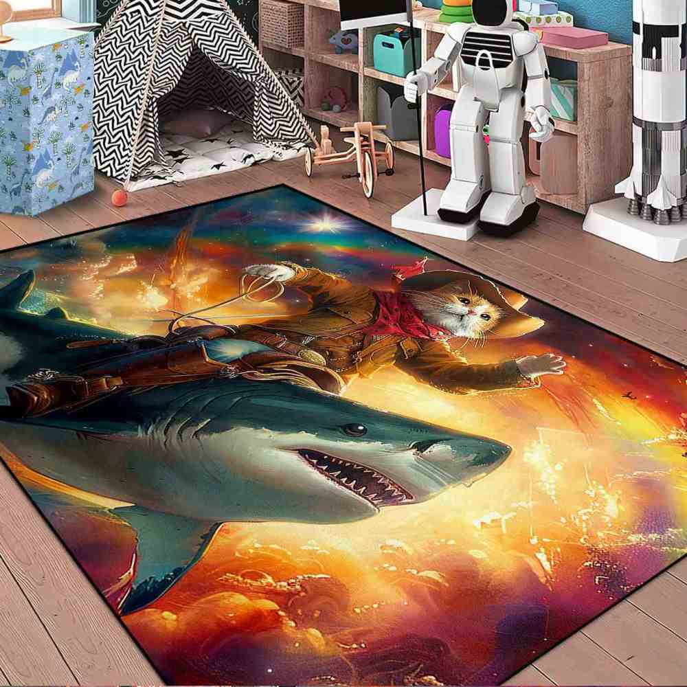 Space Cowboy Cat Riding Shark Galactic Fantasy Rug | CozyLil