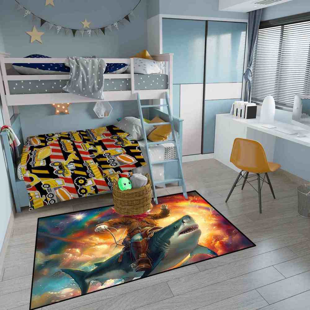 Space Cowboy Cat Riding Shark Galactic Fantasy Rug | CozyLil