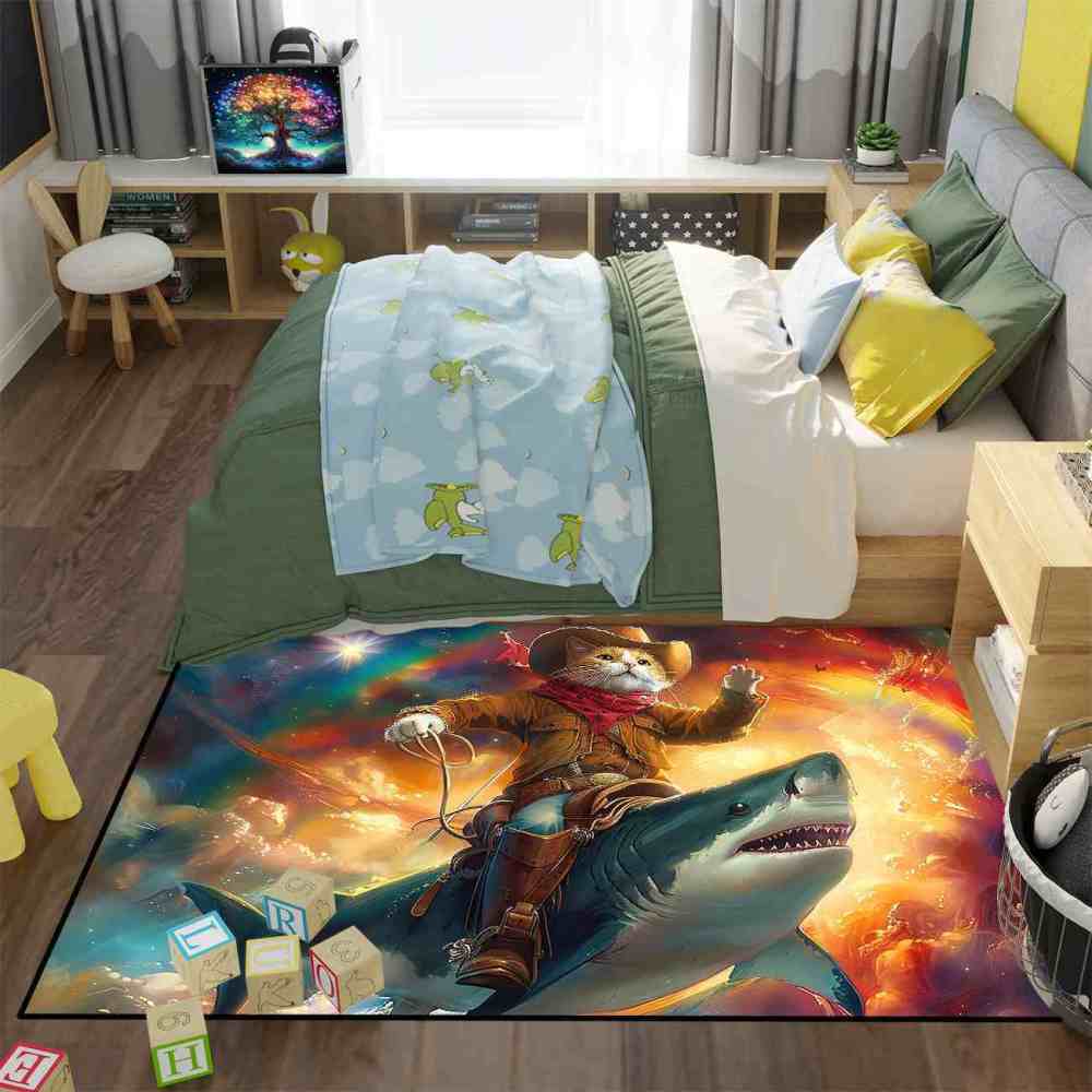 Space Cowboy Cat Riding Shark Galactic Fantasy Rug | CozyLil