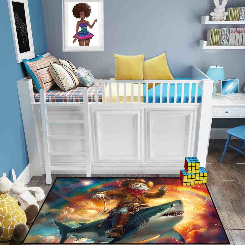 Space Cowboy Cat Riding Shark Galactic Fantasy Rug | CozyLil