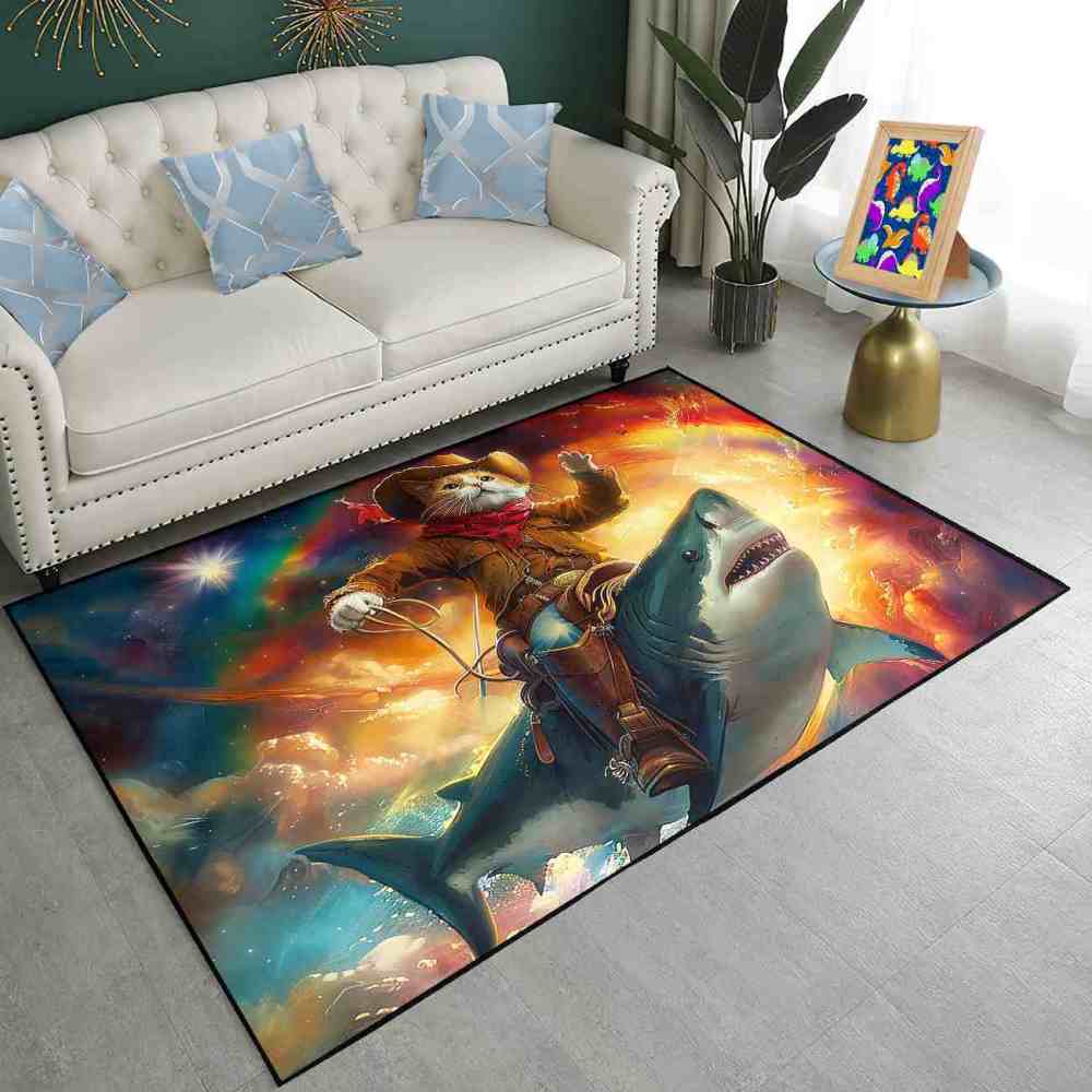 Space Cowboy Cat Riding Shark Galactic Fantasy Rug | CozyLil