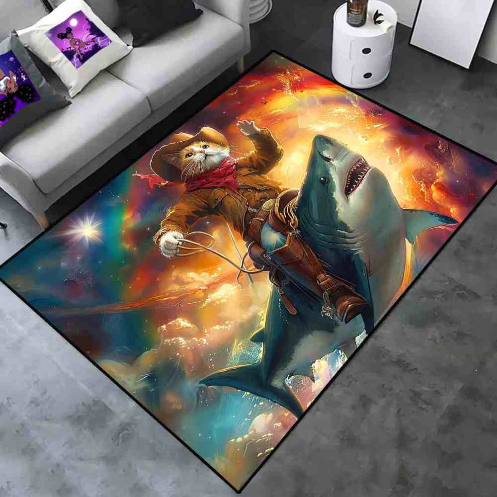 Space Cowboy Cat Riding Shark Galactic Fantasy Rug | CozyLil