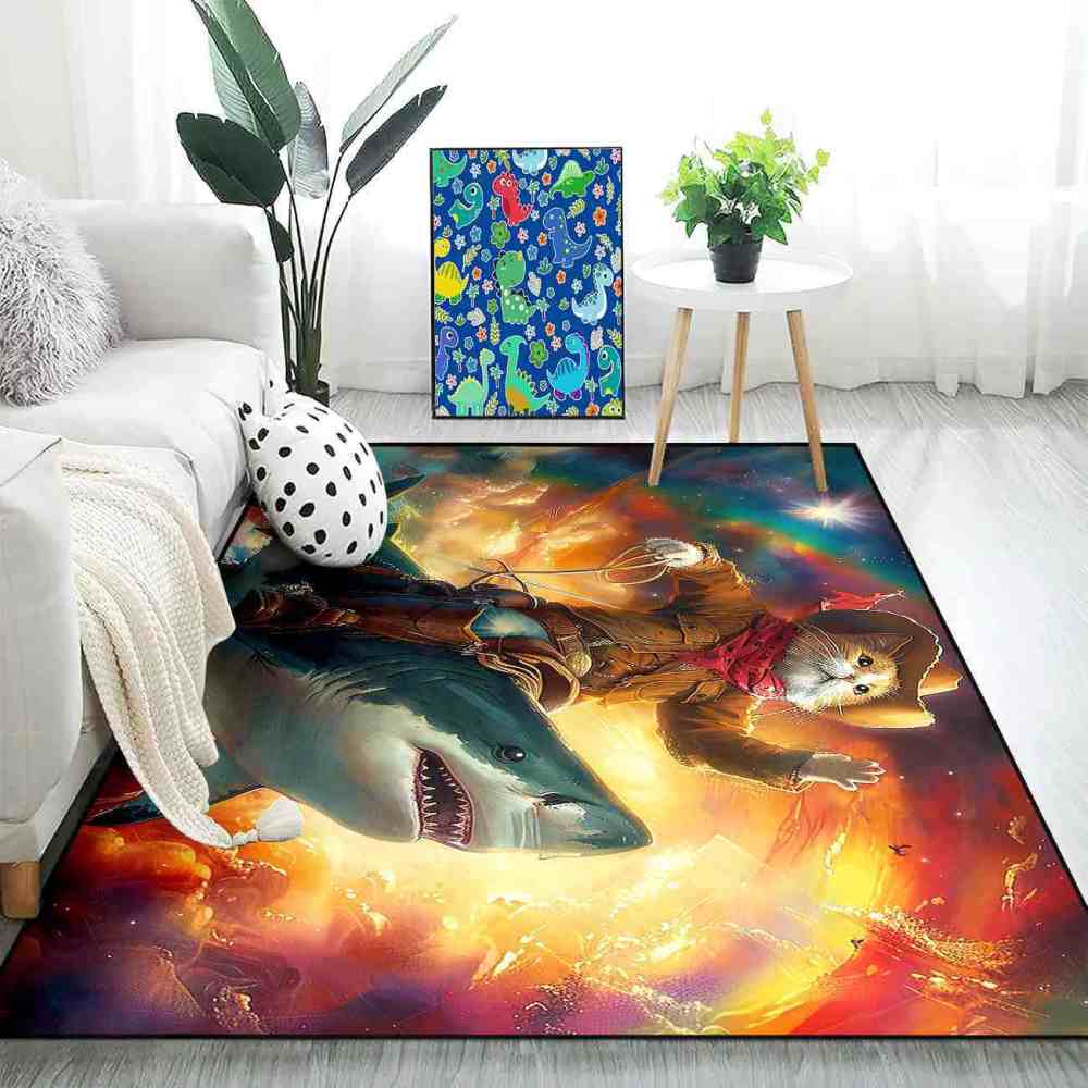 Space Cowboy Cat Riding Shark Galactic Fantasy Rug | CozyLil