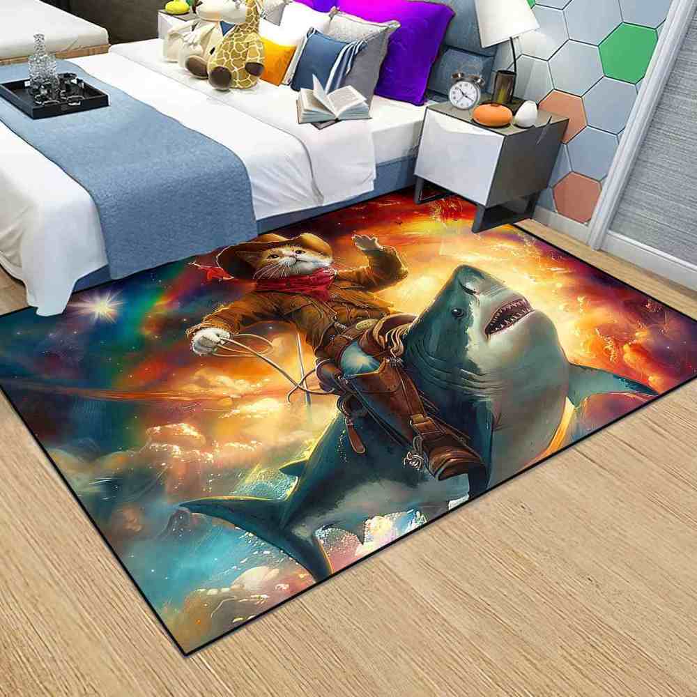 Space Cowboy Cat Riding Shark Galactic Fantasy Rug | CozyLil