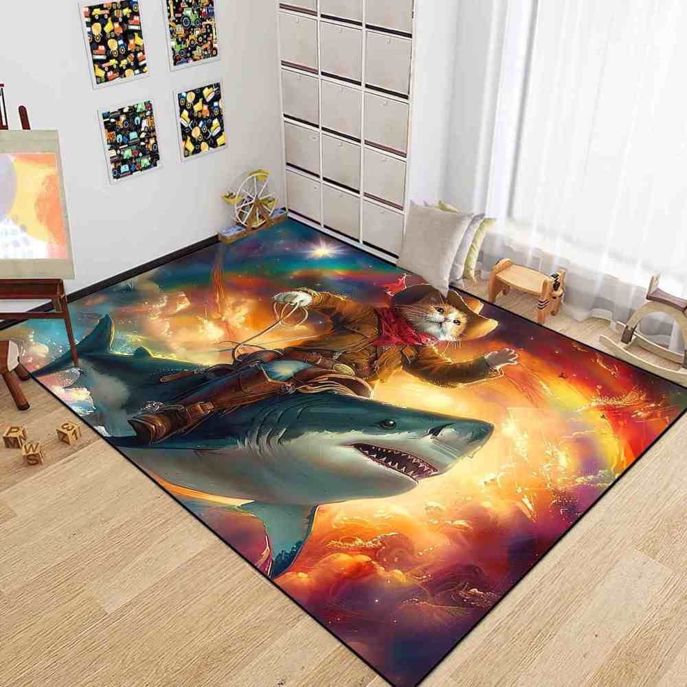 Space Cowboy Cat Riding Shark Galactic Fantasy Rug | CozyLil