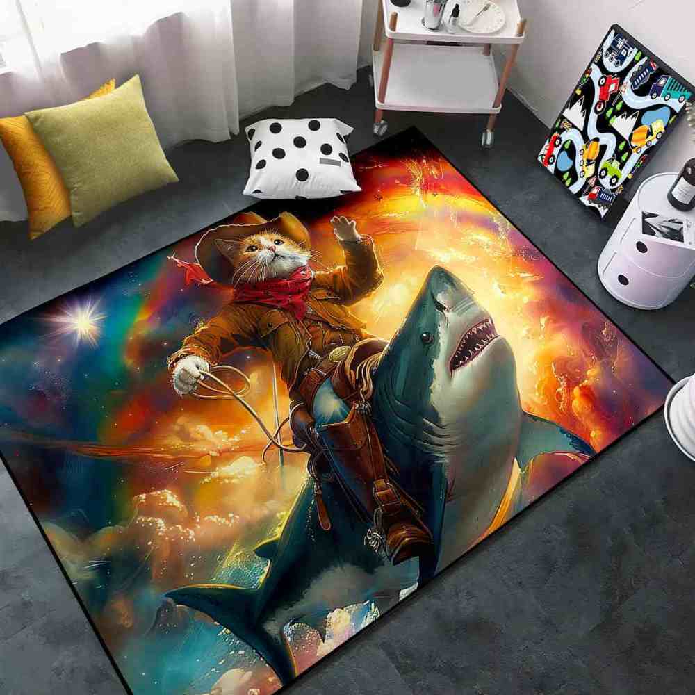 Space Cowboy Cat Riding Shark Galactic Fantasy Rug | CozyLil