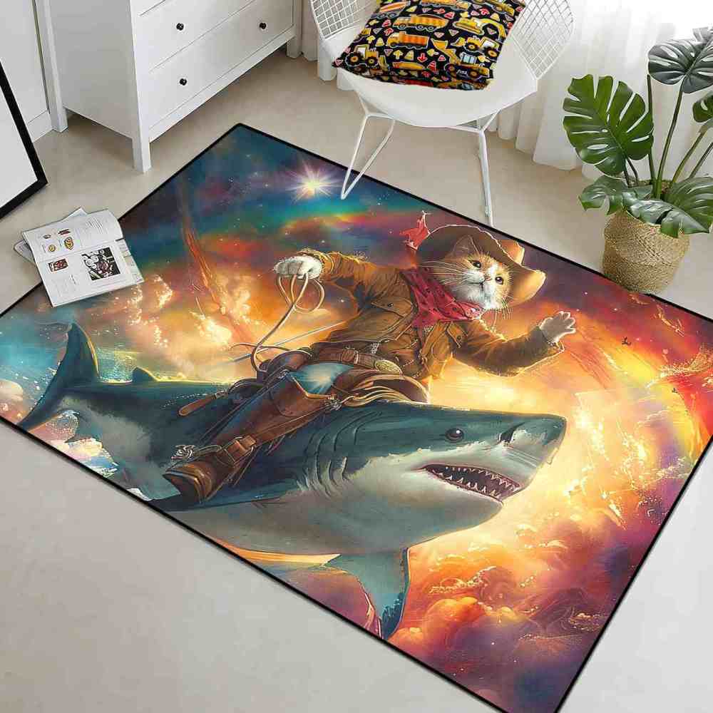 Space Cowboy Cat Riding Shark Galactic Fantasy Rug | CozyLil