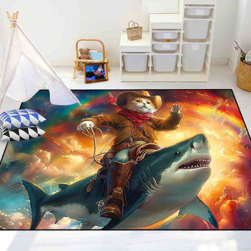 Space Cowboy Cat Riding Shark Galactic Fantasy Rug | CozyLil