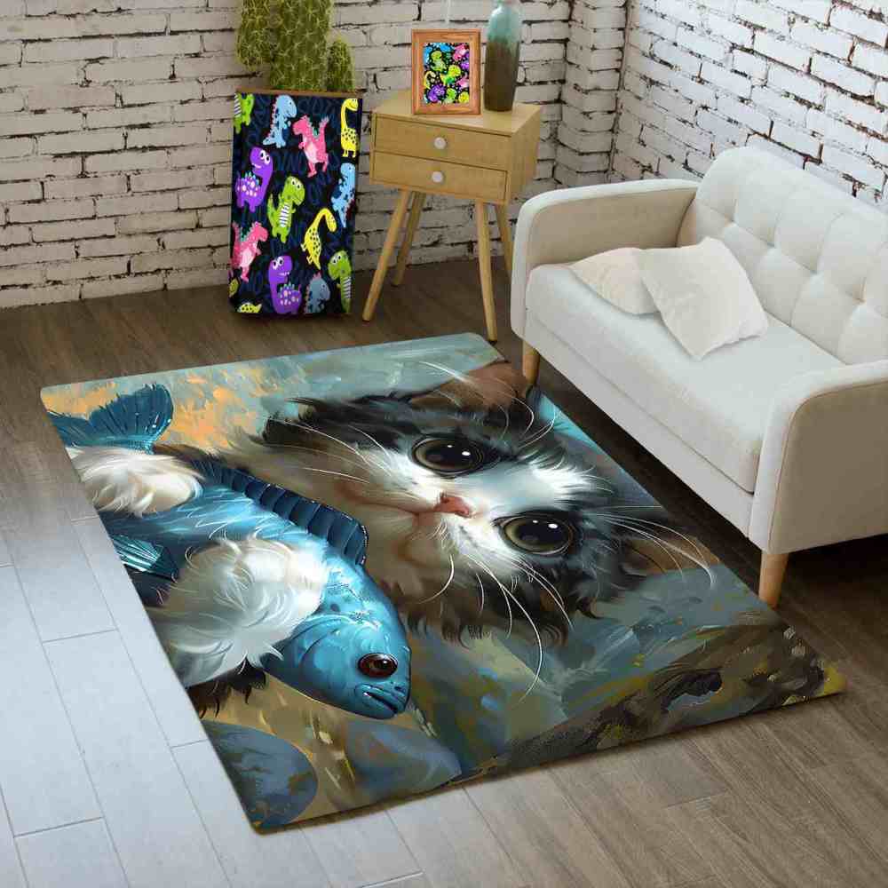 Adorable Big Eyed Kitten Hugging Blue Fish Rug | CozyLil