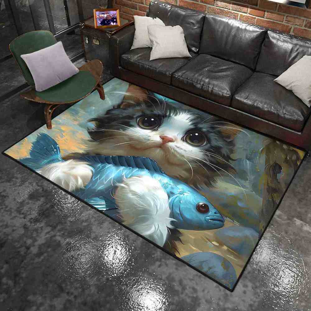 Adorable Big Eyed Kitten Hugging Blue Fish Rug | CozyLil