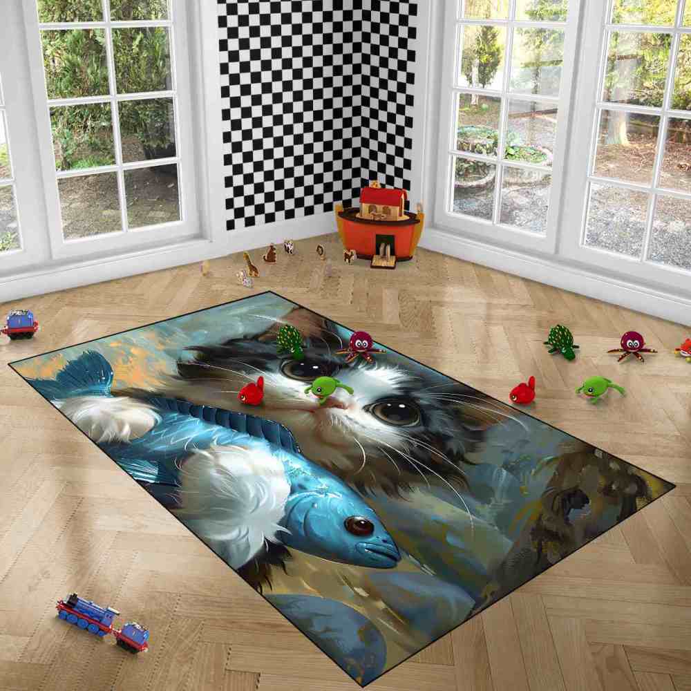 Adorable Big Eyed Kitten Hugging Blue Fish Rug | CozyLil