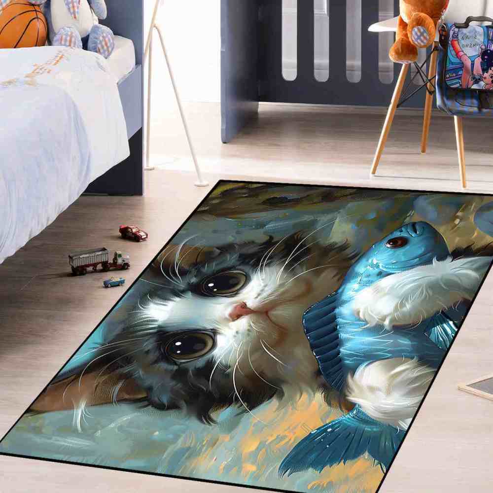 Adorable Big Eyed Kitten Hugging Blue Fish Rug | CozyLil