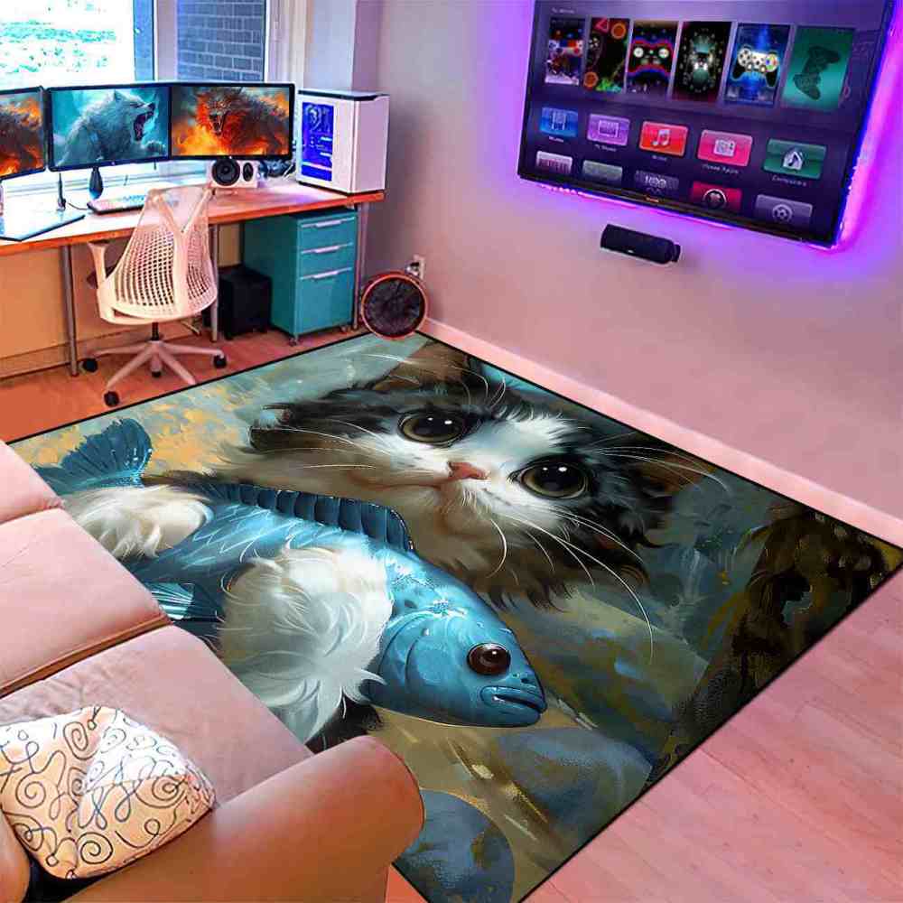 Adorable Big Eyed Kitten Hugging Blue Fish Rug | CozyLil