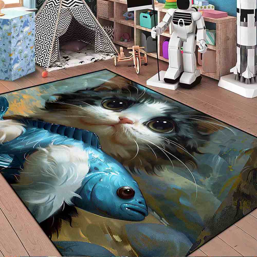Adorable Big Eyed Kitten Hugging Blue Fish Rug | CozyLil