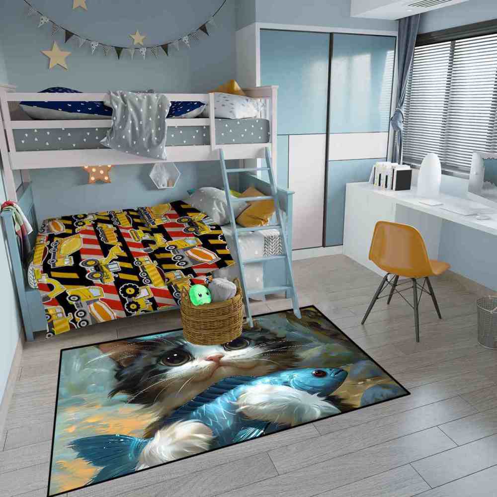 Adorable Big Eyed Kitten Hugging Blue Fish Rug | CozyLil