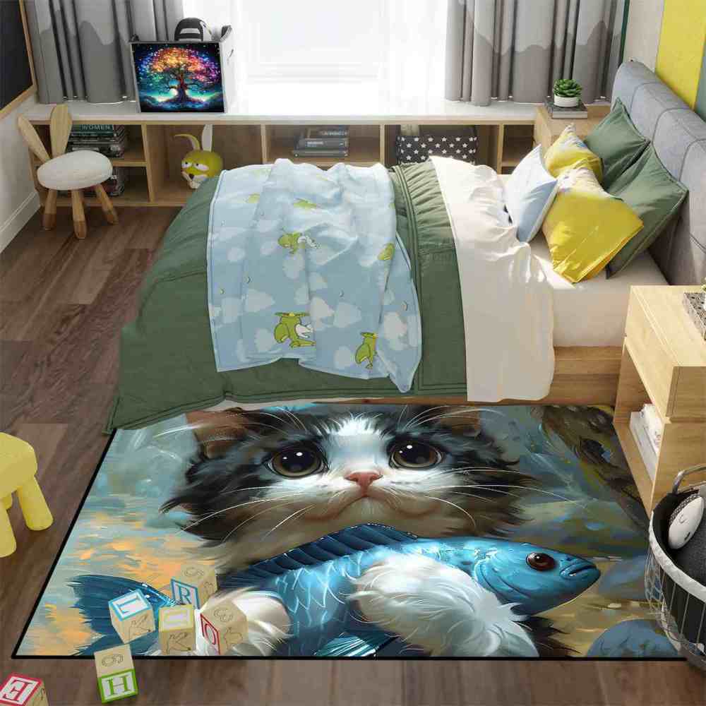 Adorable Big Eyed Kitten Hugging Blue Fish Rug | CozyLil