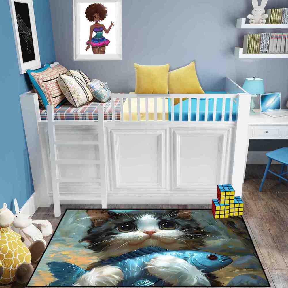 Adorable Big Eyed Kitten Hugging Blue Fish Rug | CozyLil