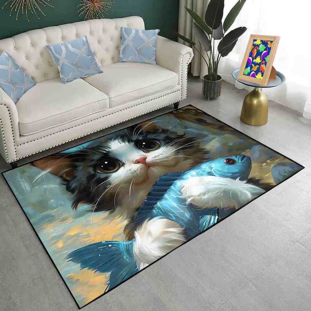 Adorable Big Eyed Kitten Hugging Blue Fish Rug | CozyLil