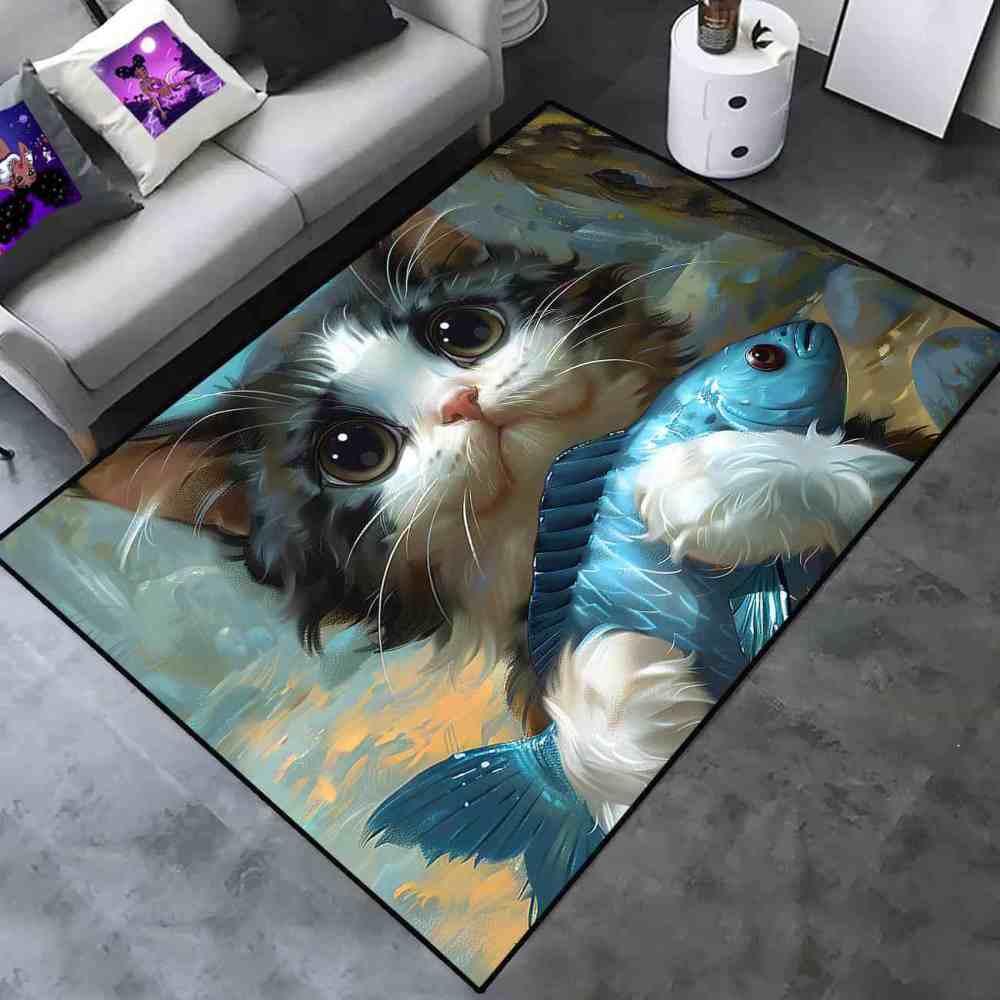Adorable Big Eyed Kitten Hugging Blue Fish Rug | CozyLil