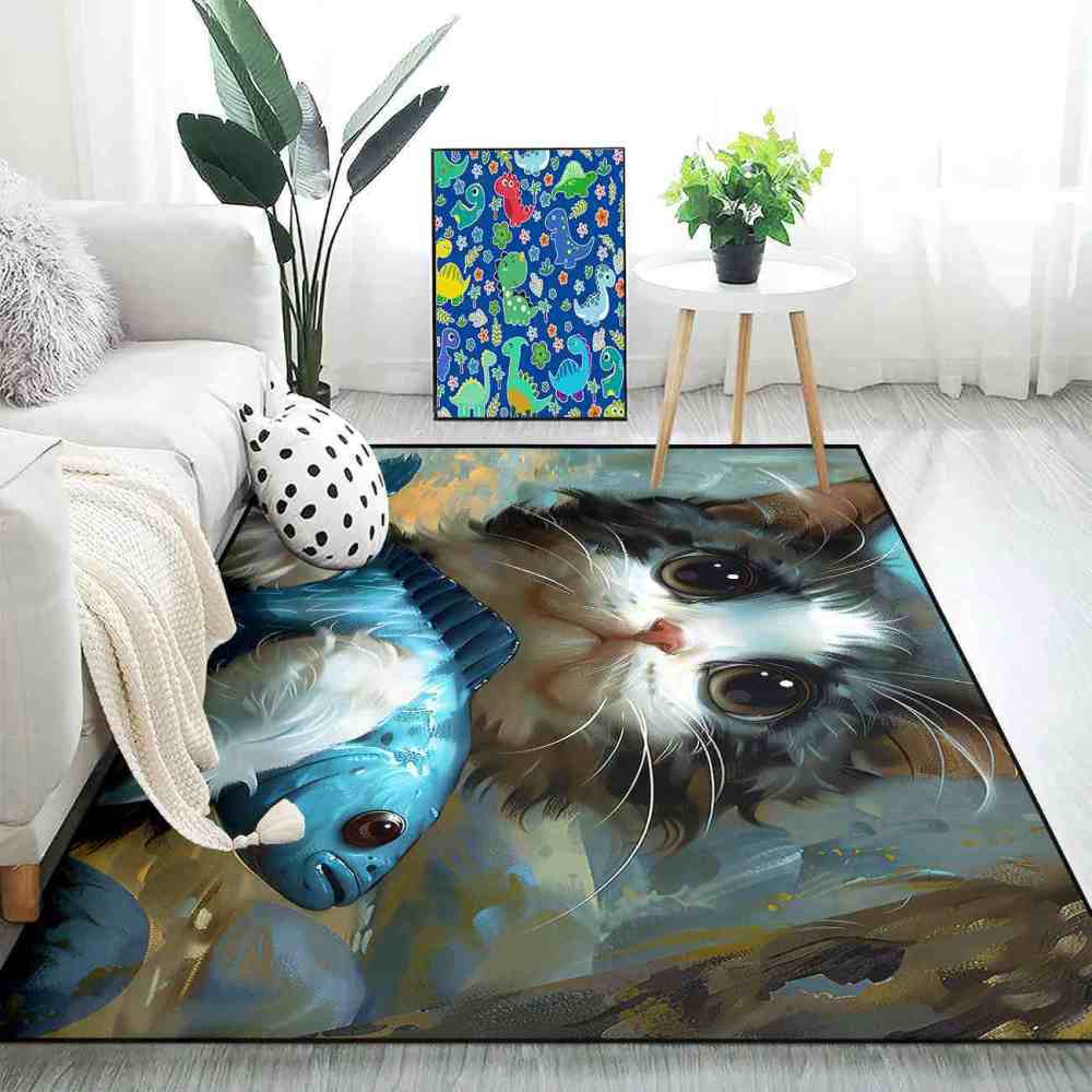Adorable Big Eyed Kitten Hugging Blue Fish Rug | CozyLil