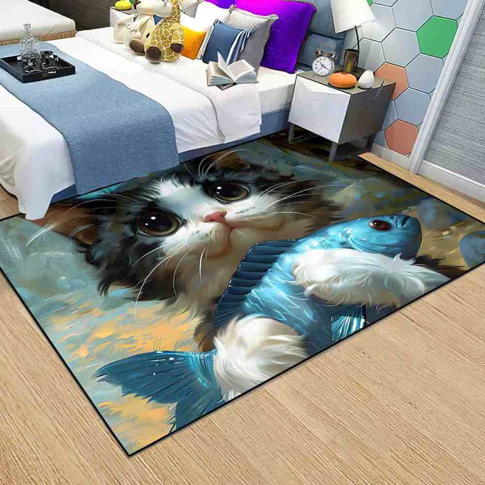 Adorable Big Eyed Kitten Hugging Blue Fish Rug | CozyLil