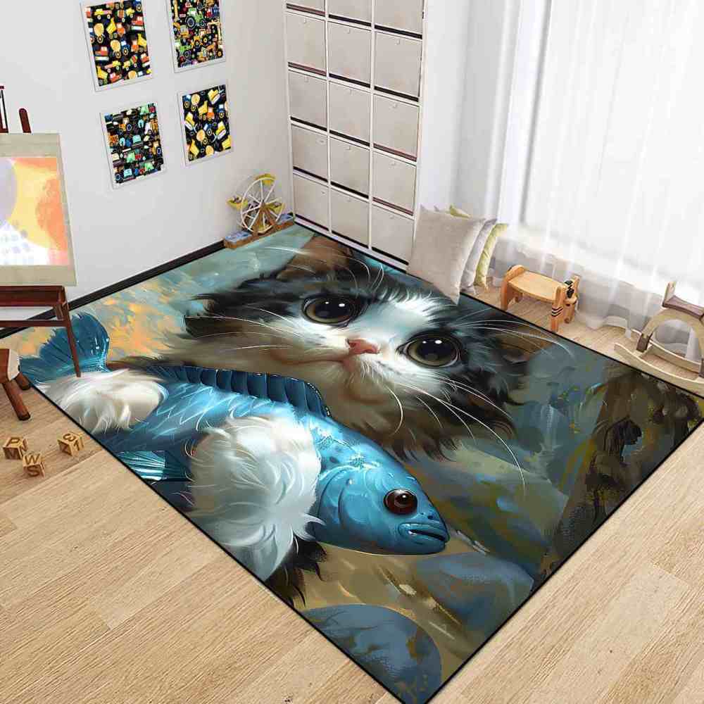 Adorable Big Eyed Kitten Hugging Blue Fish Rug | CozyLil