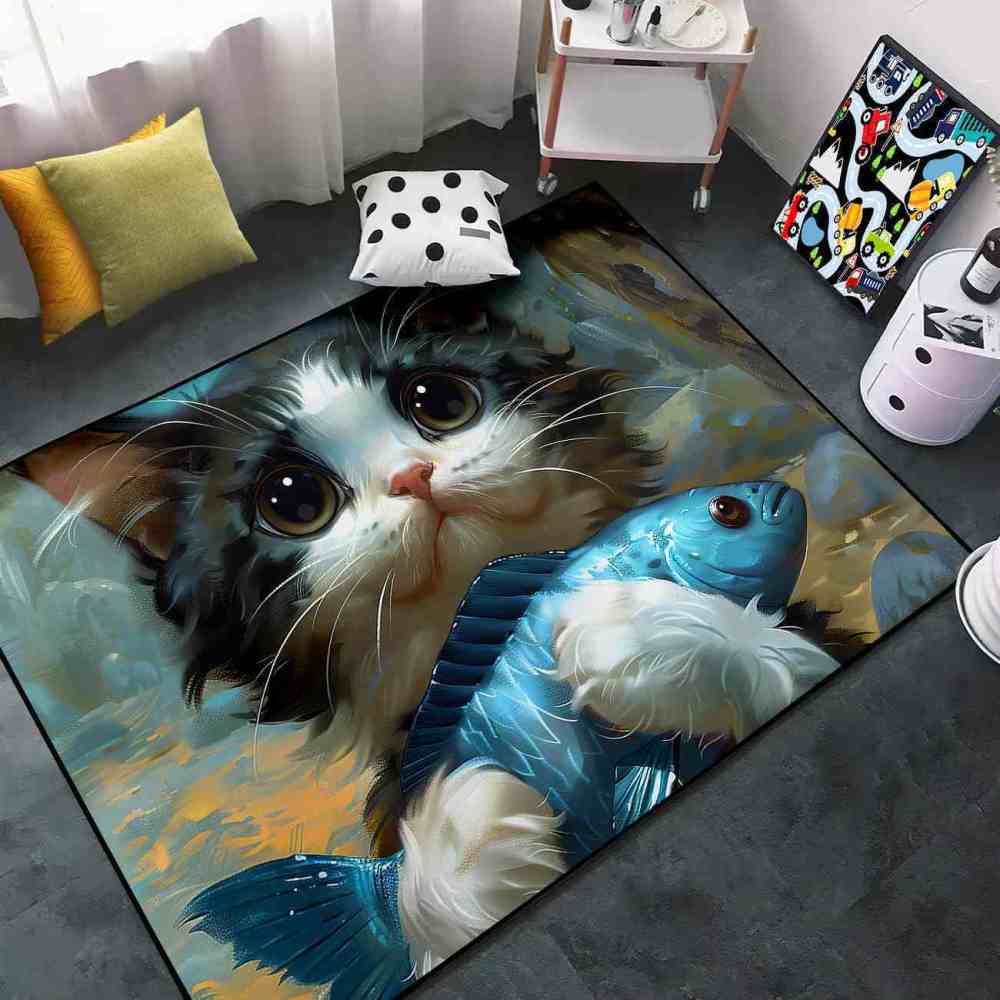 Adorable Big Eyed Kitten Hugging Blue Fish Rug | CozyLil