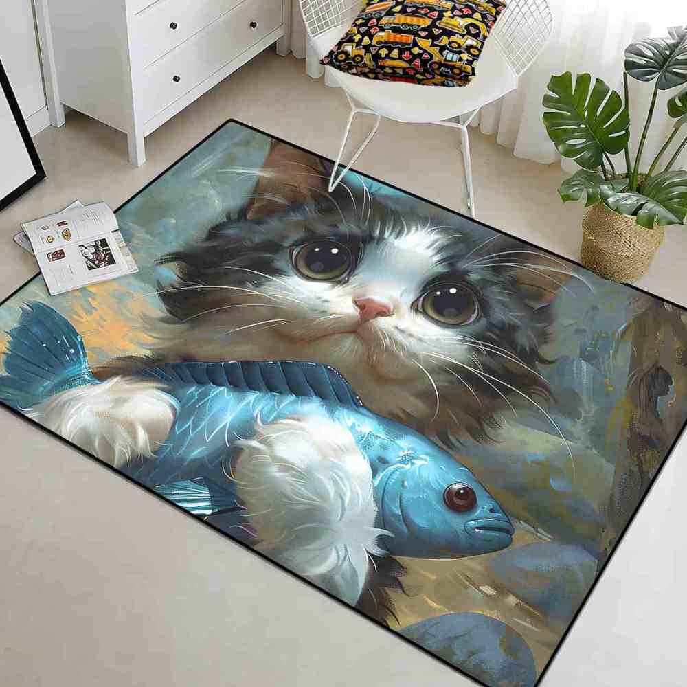 Adorable Big Eyed Kitten Hugging Blue Fish Rug | CozyLil