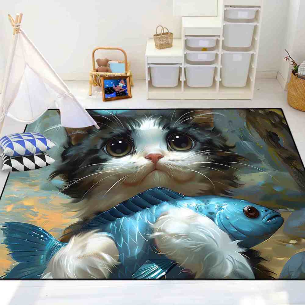 Adorable Big Eyed Kitten Hugging Blue Fish Rug | CozyLil