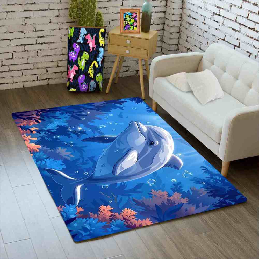 Graceful Blue Dolphin Underwater Coral Garden Rug | CozyLil
