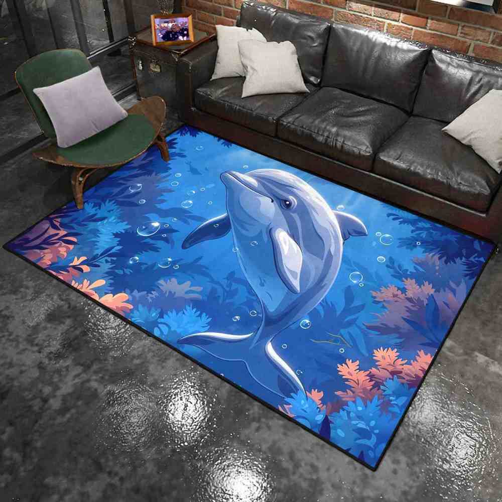 Graceful Blue Dolphin Underwater Coral Garden Rug | CozyLil
