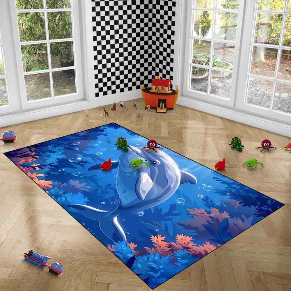 Graceful Blue Dolphin Underwater Coral Garden Rug | CozyLil