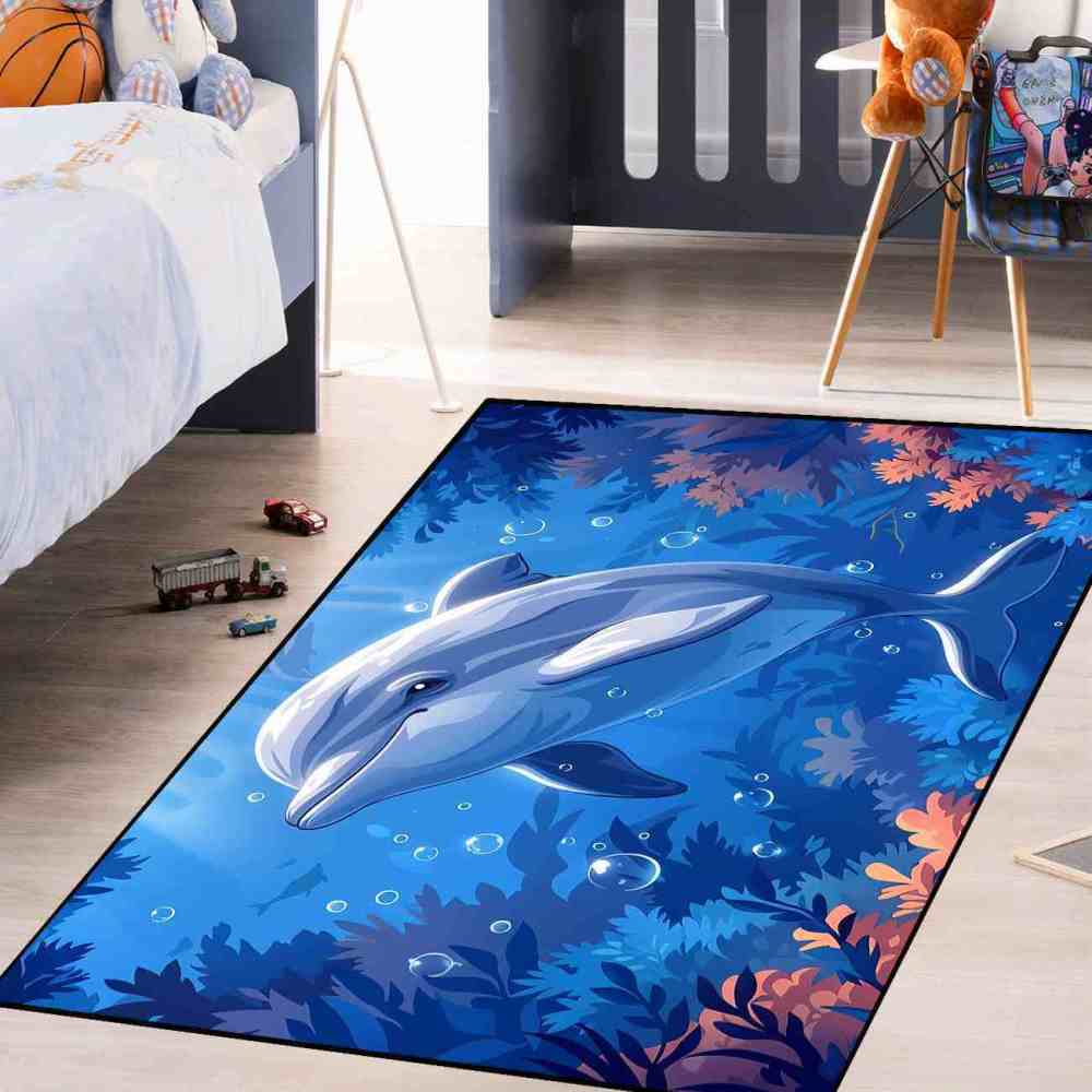 Graceful Blue Dolphin Underwater Coral Garden Rug | CozyLil