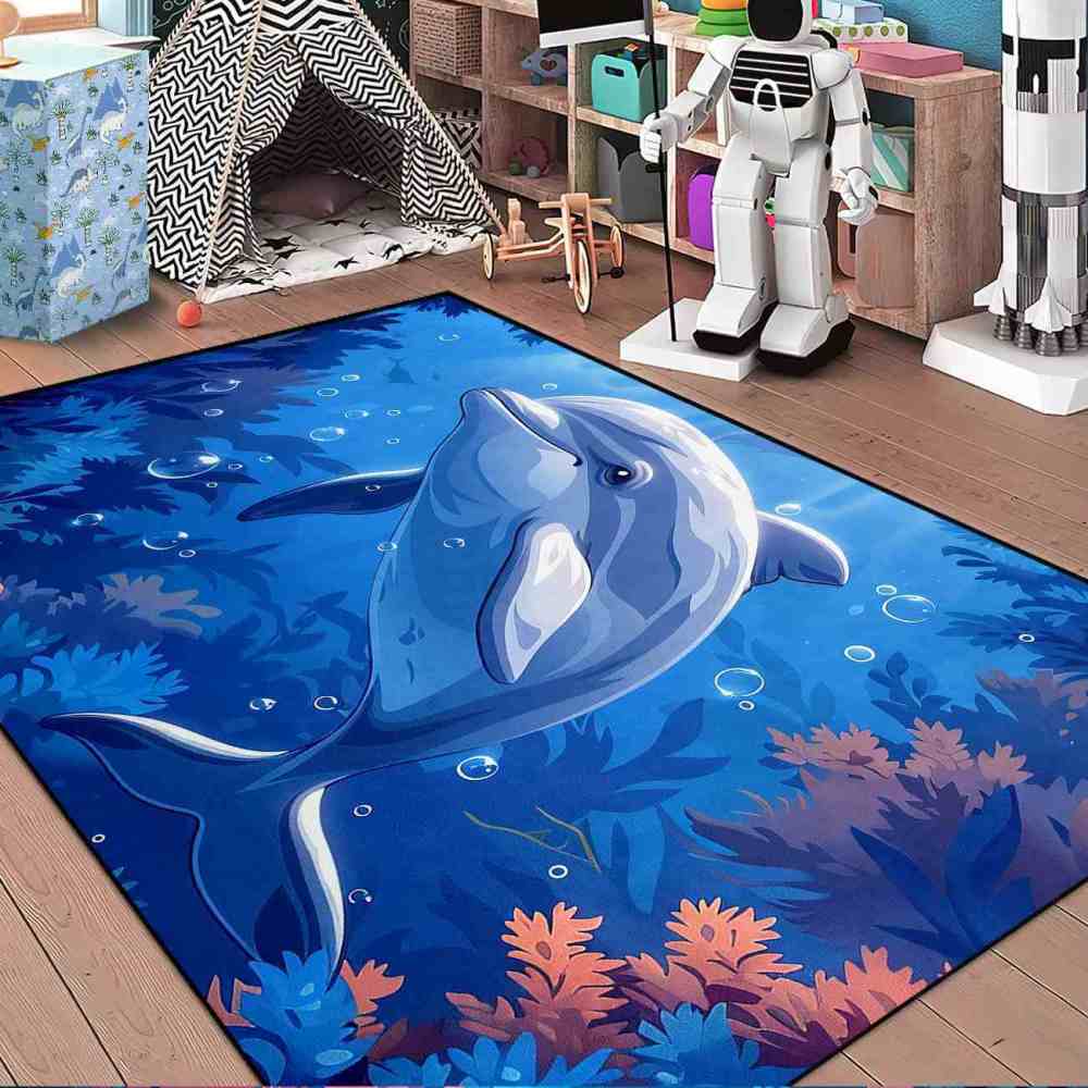 Graceful Blue Dolphin Underwater Coral Garden Rug | CozyLil