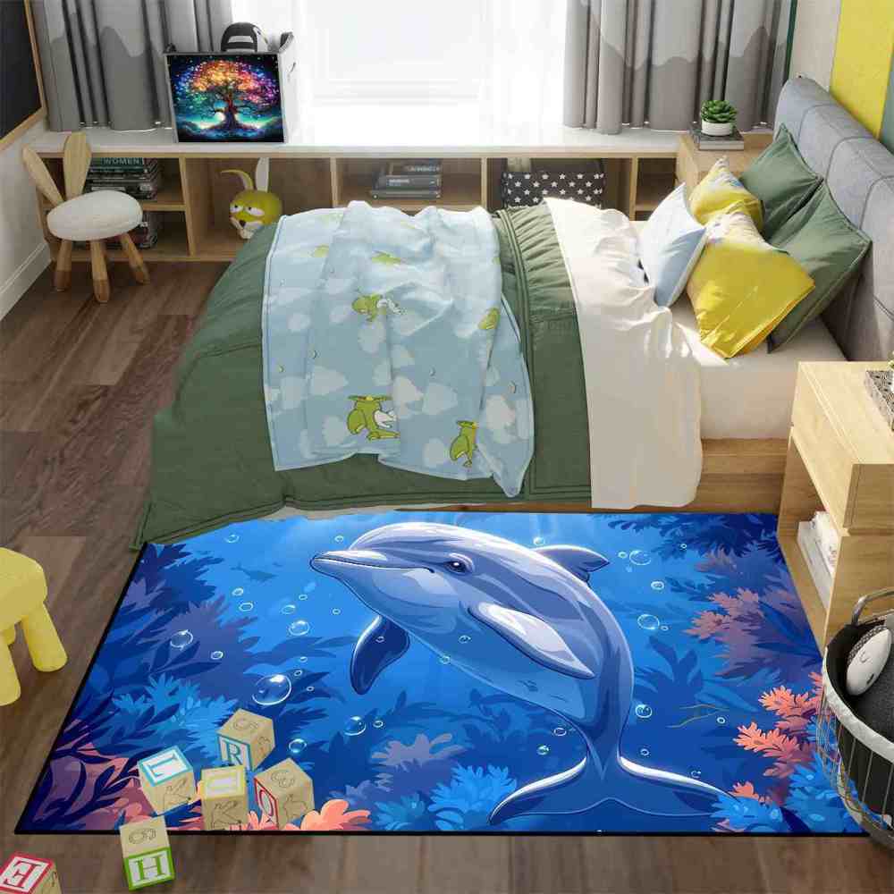 Graceful Blue Dolphin Underwater Coral Garden Rug | CozyLil