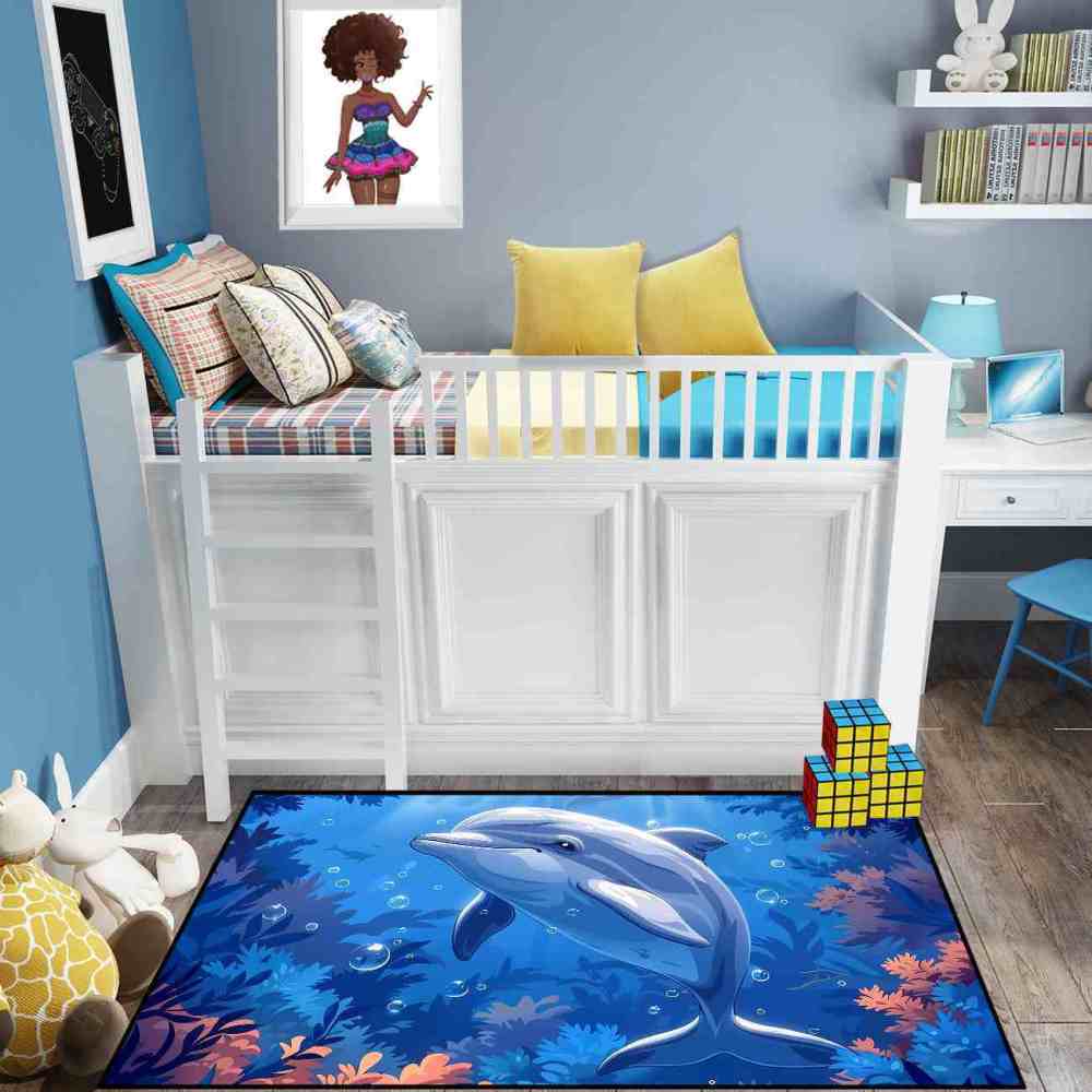 Graceful Blue Dolphin Underwater Coral Garden Rug | CozyLil