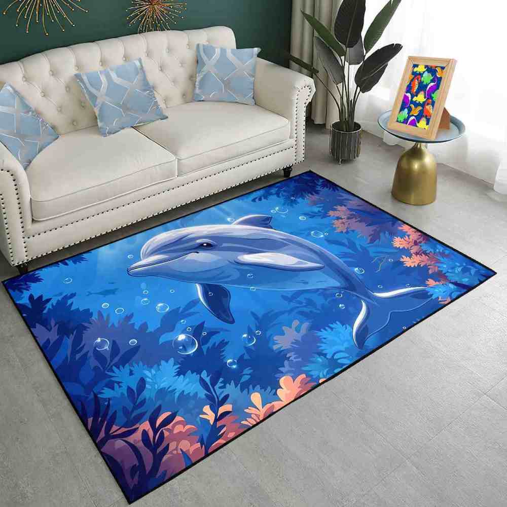 Graceful Blue Dolphin Underwater Coral Garden Rug | CozyLil