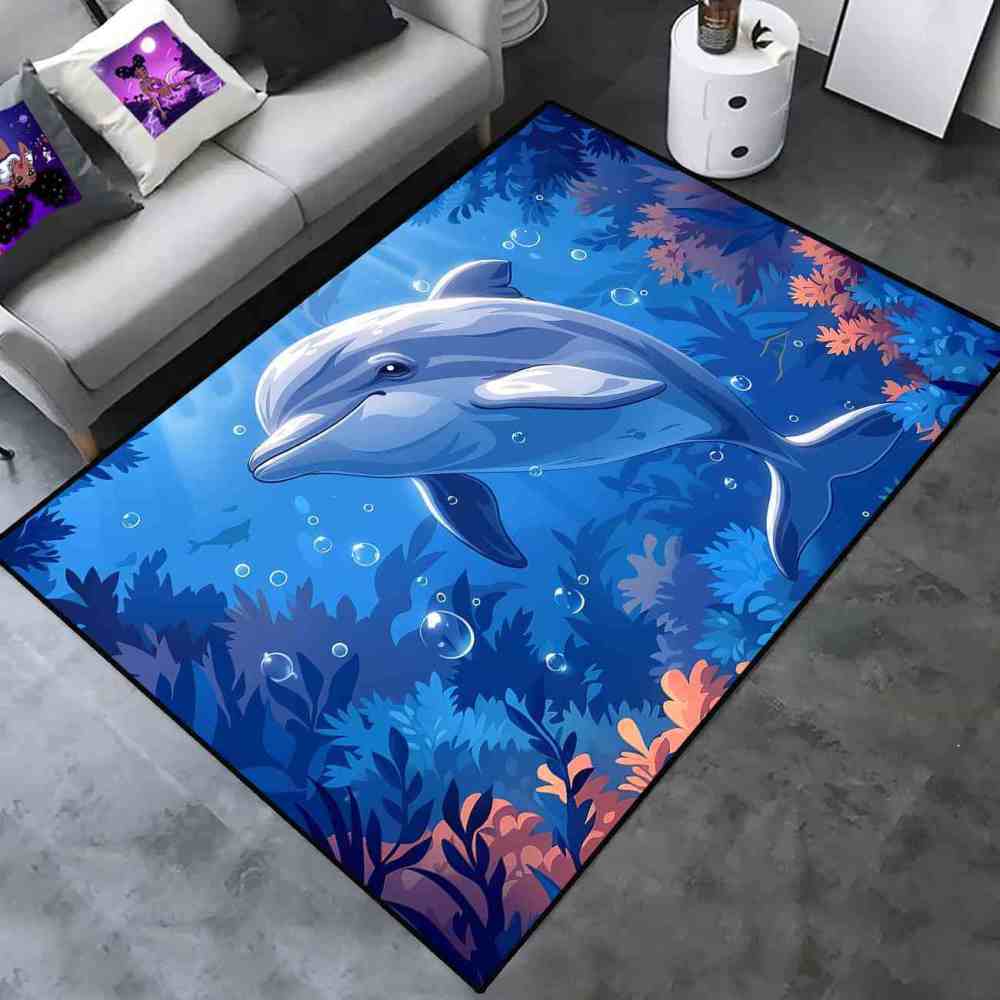 Graceful Blue Dolphin Underwater Coral Garden Rug | CozyLil