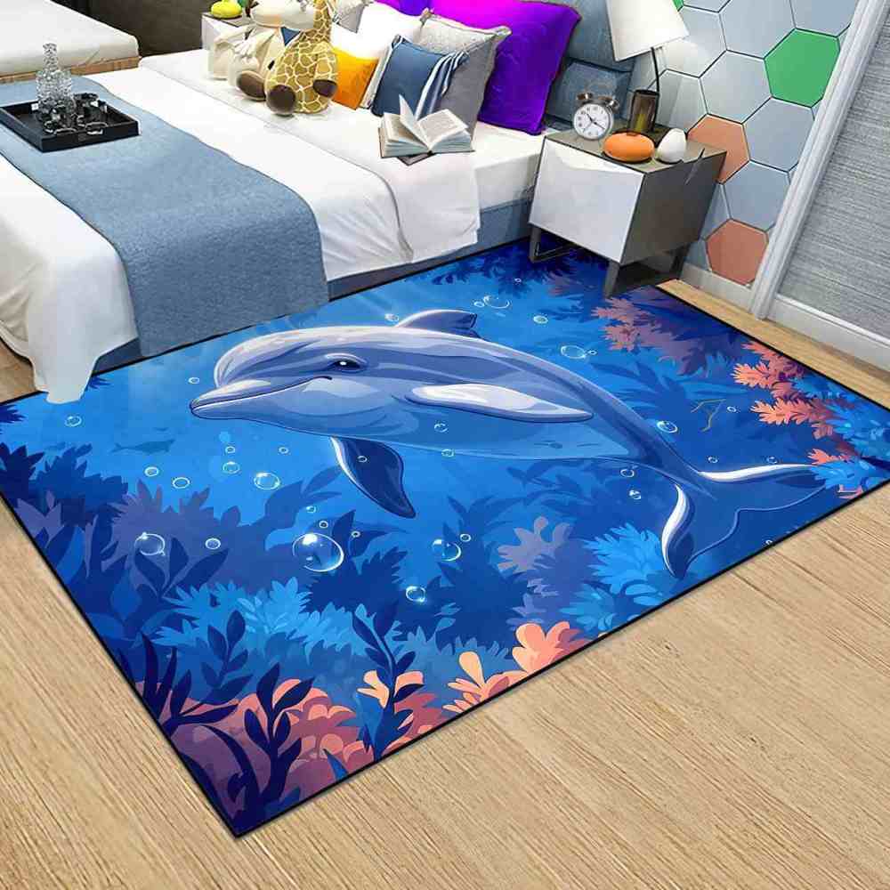 Graceful Blue Dolphin Underwater Coral Garden Rug | CozyLil